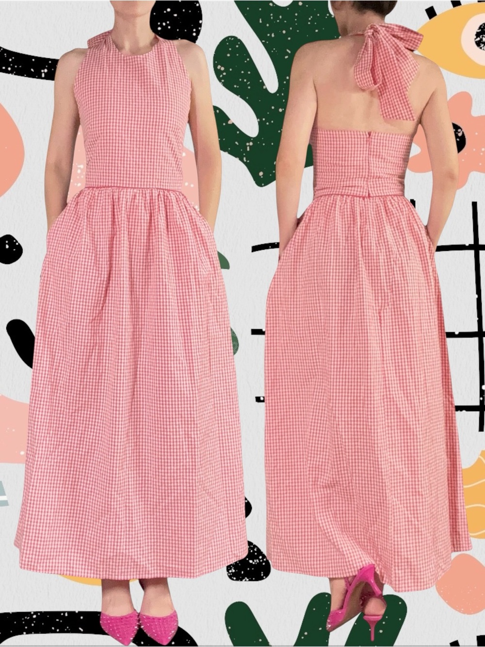 NWT⨠| Avara | Pink and White Gingham Print High Neck Halter Maxi Dress
